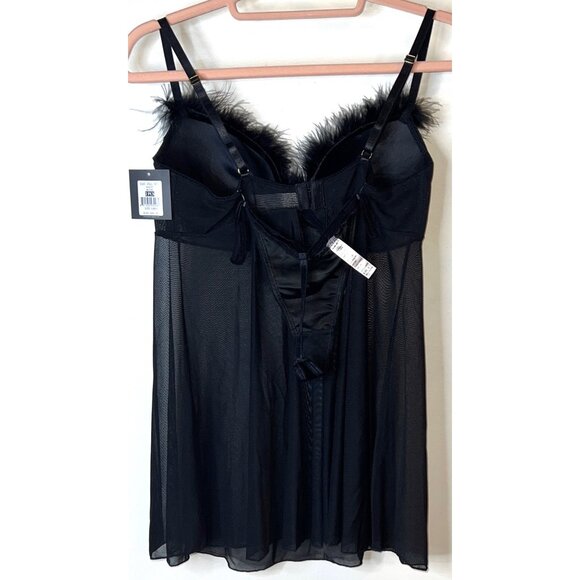 NEW Black Sheer Babydoll Lingerie Set Feather Trim Matching G String Large $87 - Picture 3 of 6